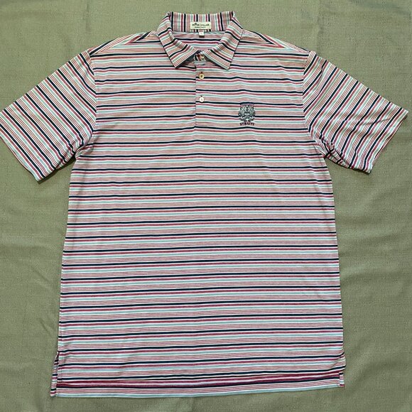 Peter Millar Summer Comfort Polo Shirt Large Pink Blue Stripe Wristling Straits - Picture 9 of 15